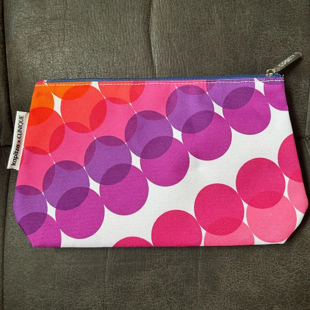New Kapitza X Clinique Cosmetic Travel Bag Pink Purple Orange Polka Dot Modern